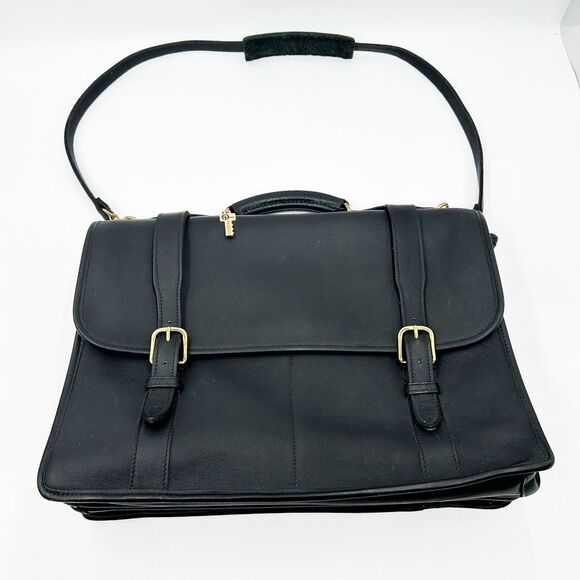 Jack Georges Black Leather Brass Vintage Briefcase Satchel Messenger Bag - Picture 1 of 15